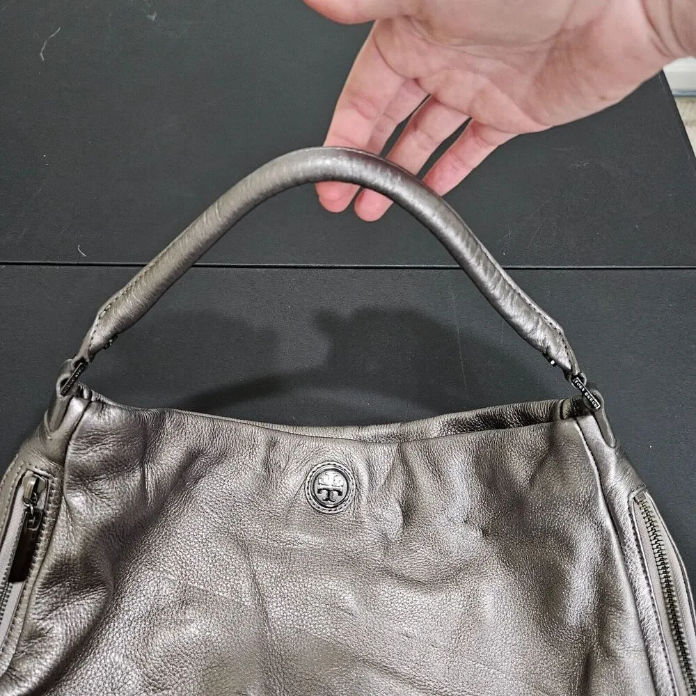 Tory Burch Metallic Gray Pebbled Leather Hobo Shoulder Bag Messenger Everyday